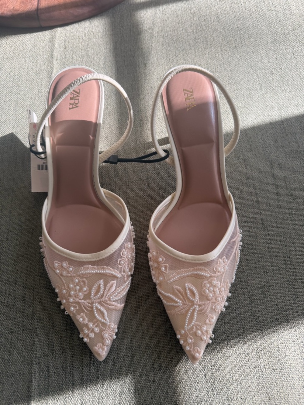 Zara Embroidered Pointed-Toe Slingback Pumps in Ivory